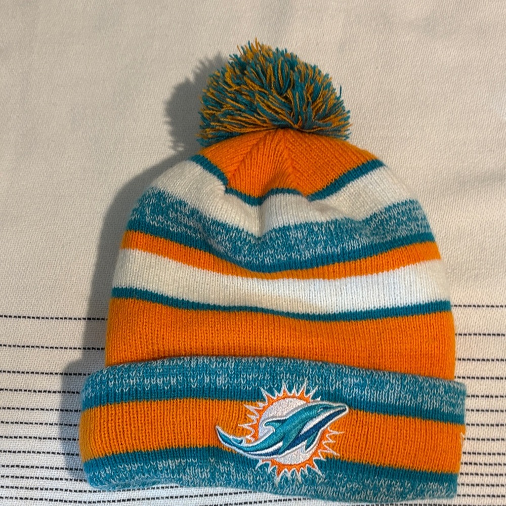 Men's new era miami dolphins Beanie with Pom - Orange and Teal